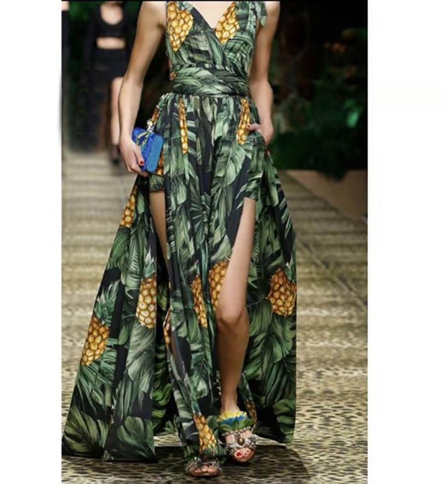 Dolce & Gabbana Green Cotton Tropical Pineapple Leaves Maxi Dress Long Gown In New Condition In WELWYN, GB