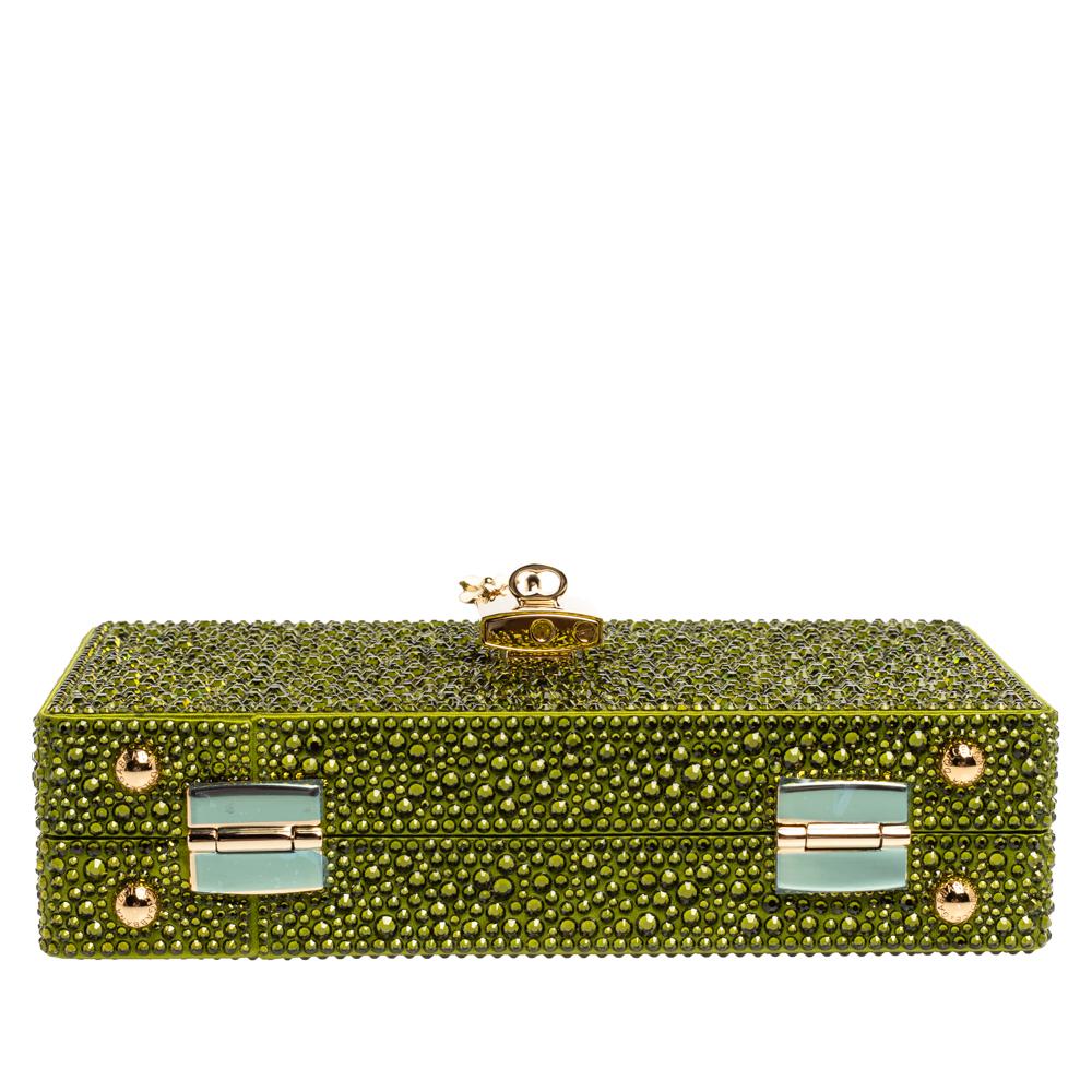 Brown Dolce & Gabbana Green Crystal Embellished Satin Box Bag