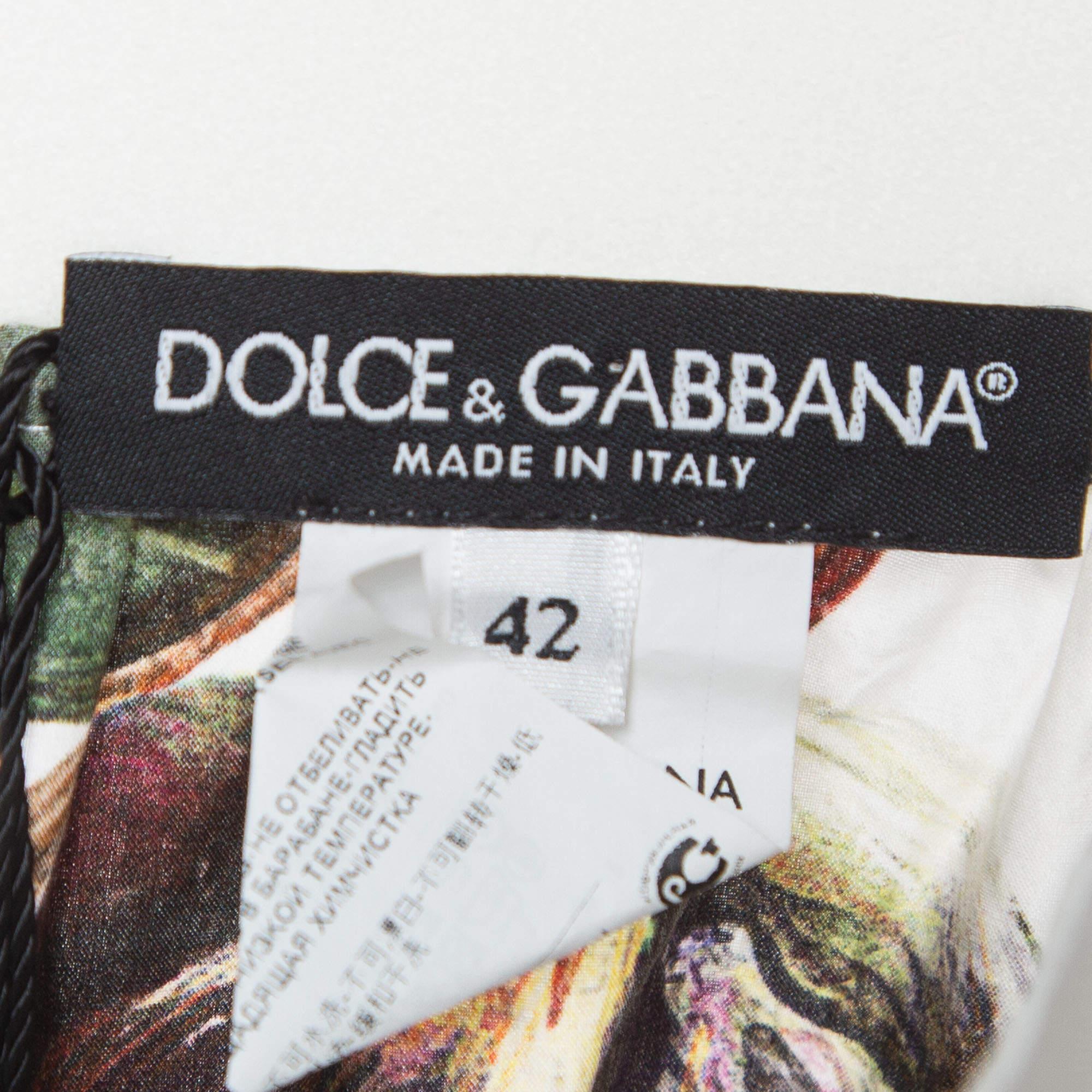  Dolce & Gabbana Green Fig Print Cotton Pleated Detail A-Line Skirt M Pour femmes 