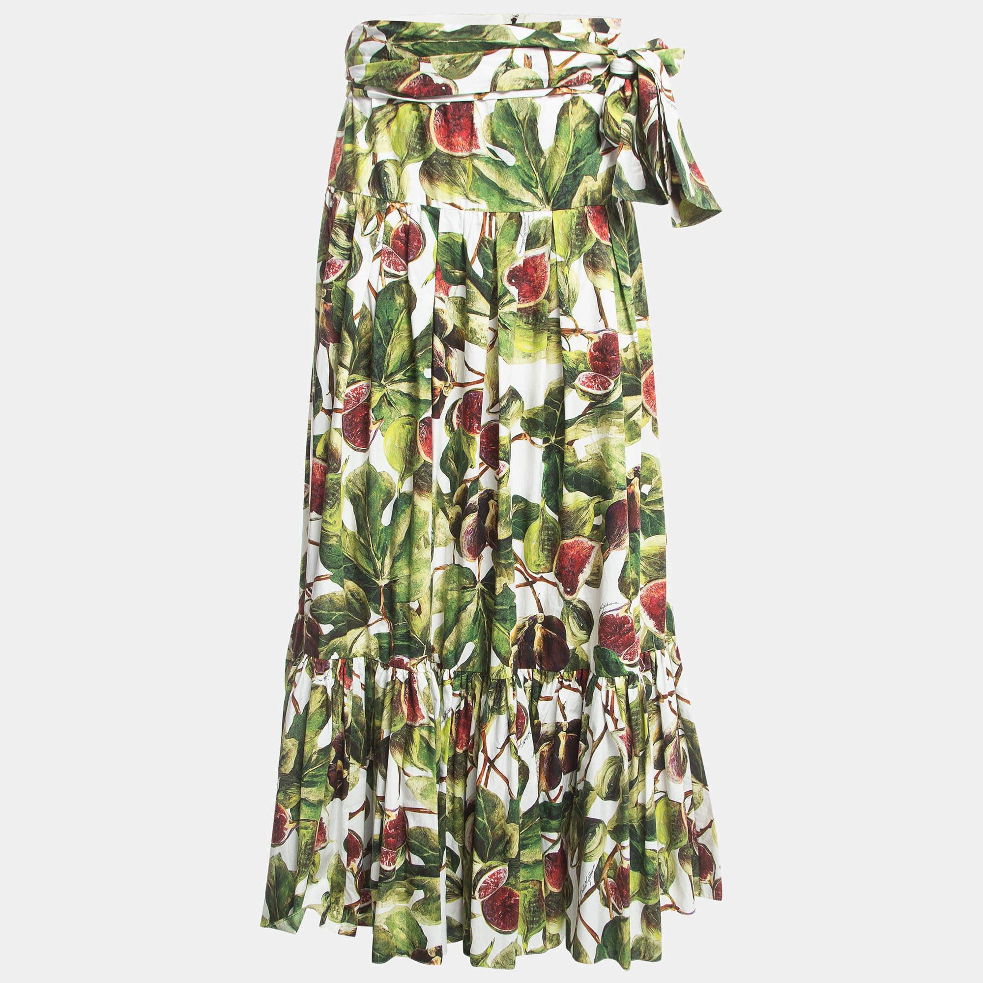 Dolce & Gabbana Green Fig Print Cotton Pleated Detail A-Line Skirt M 2