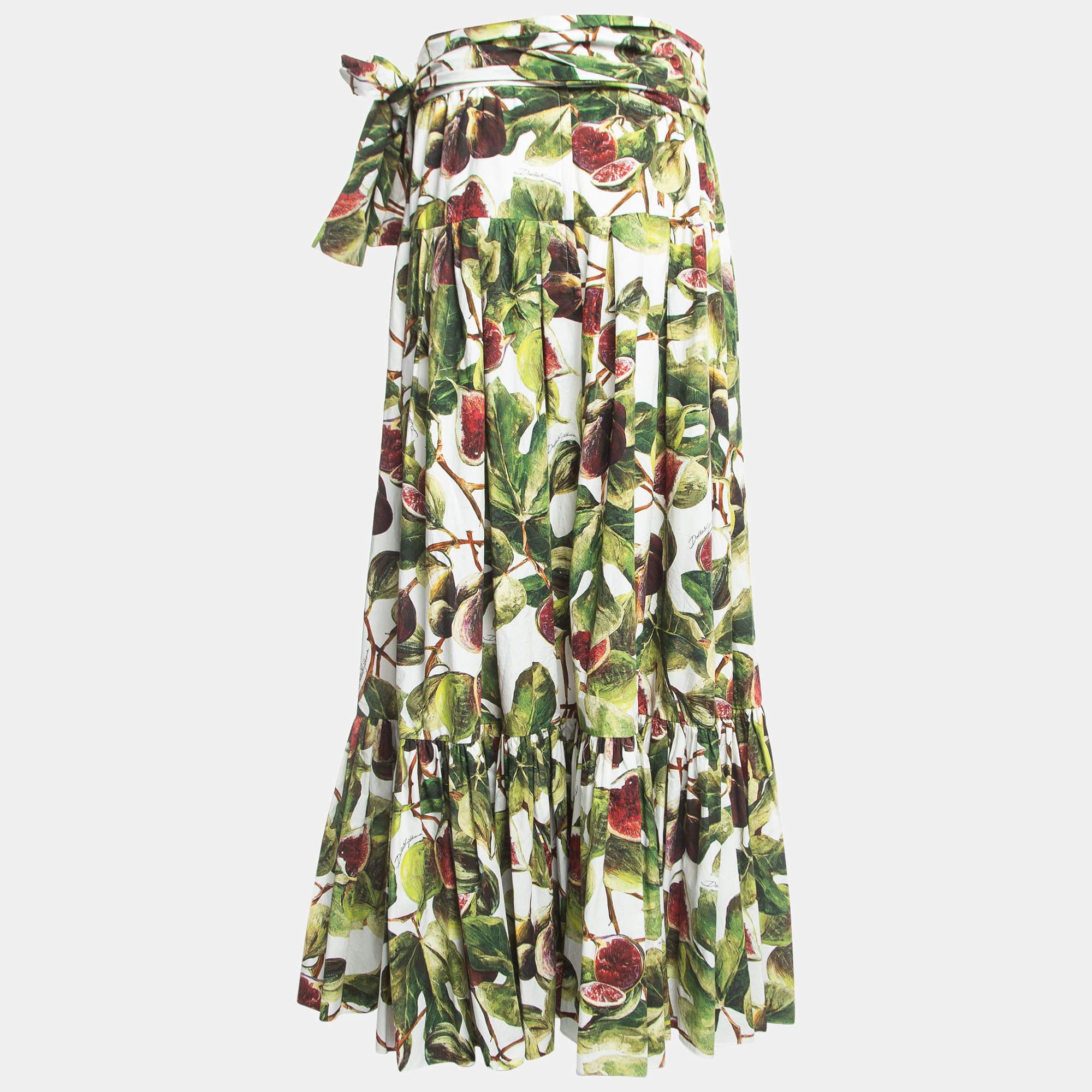 Dolce & Gabbana Green Fig Print Cotton Pleated Detail A-Line Skirt M 3