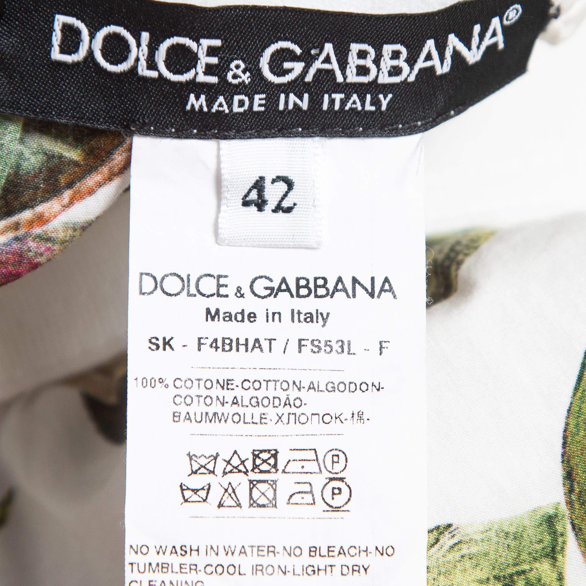 Dolce & Gabbana Green Fig Print Cotton Pleated Detail A-Line Skirt M 4