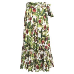 Dolce & Gabbana Green Fig Print Cotton Pleated Detail A-Line Skirt M