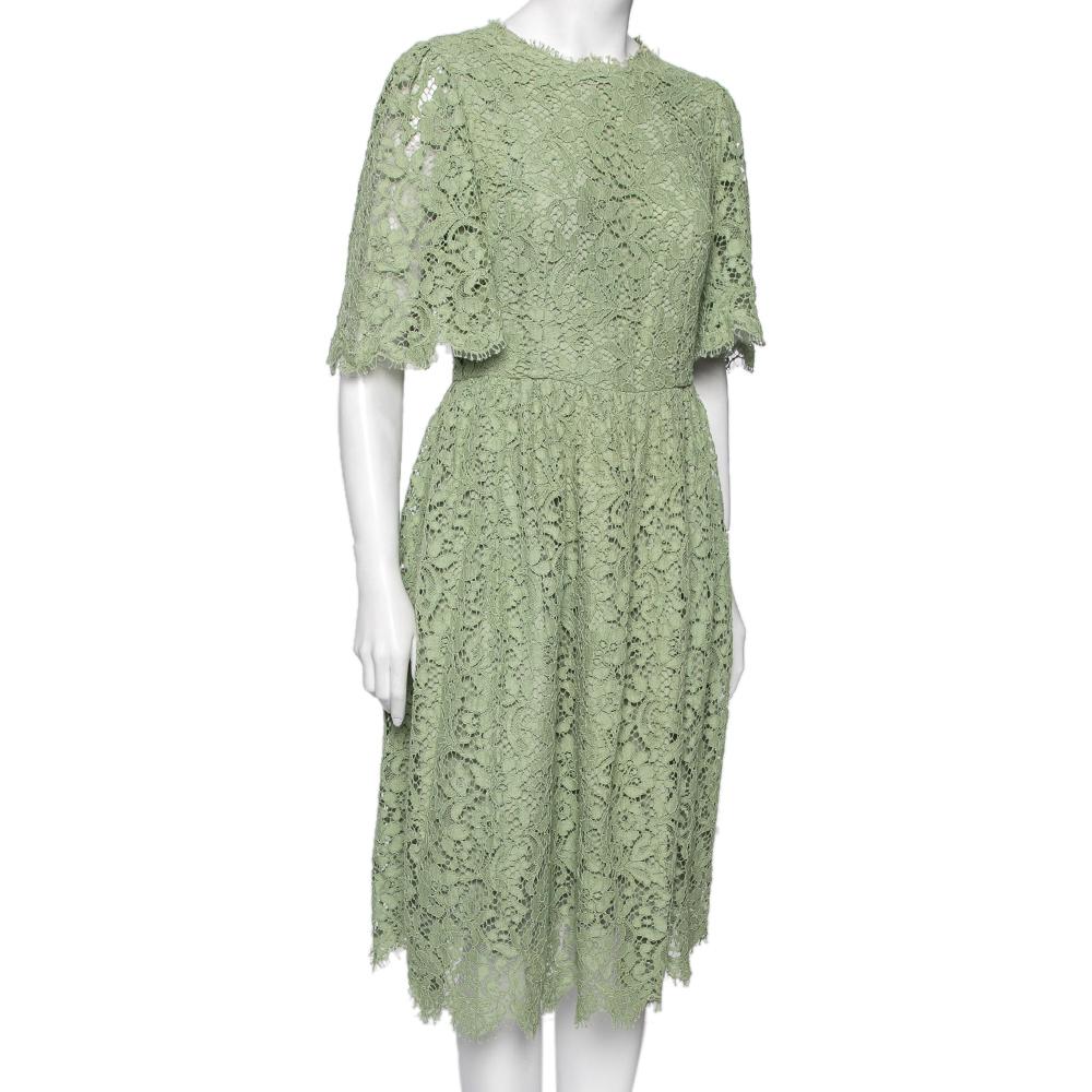 Gray Dolce & Gabbana Green Floral Lace Flared Dress M