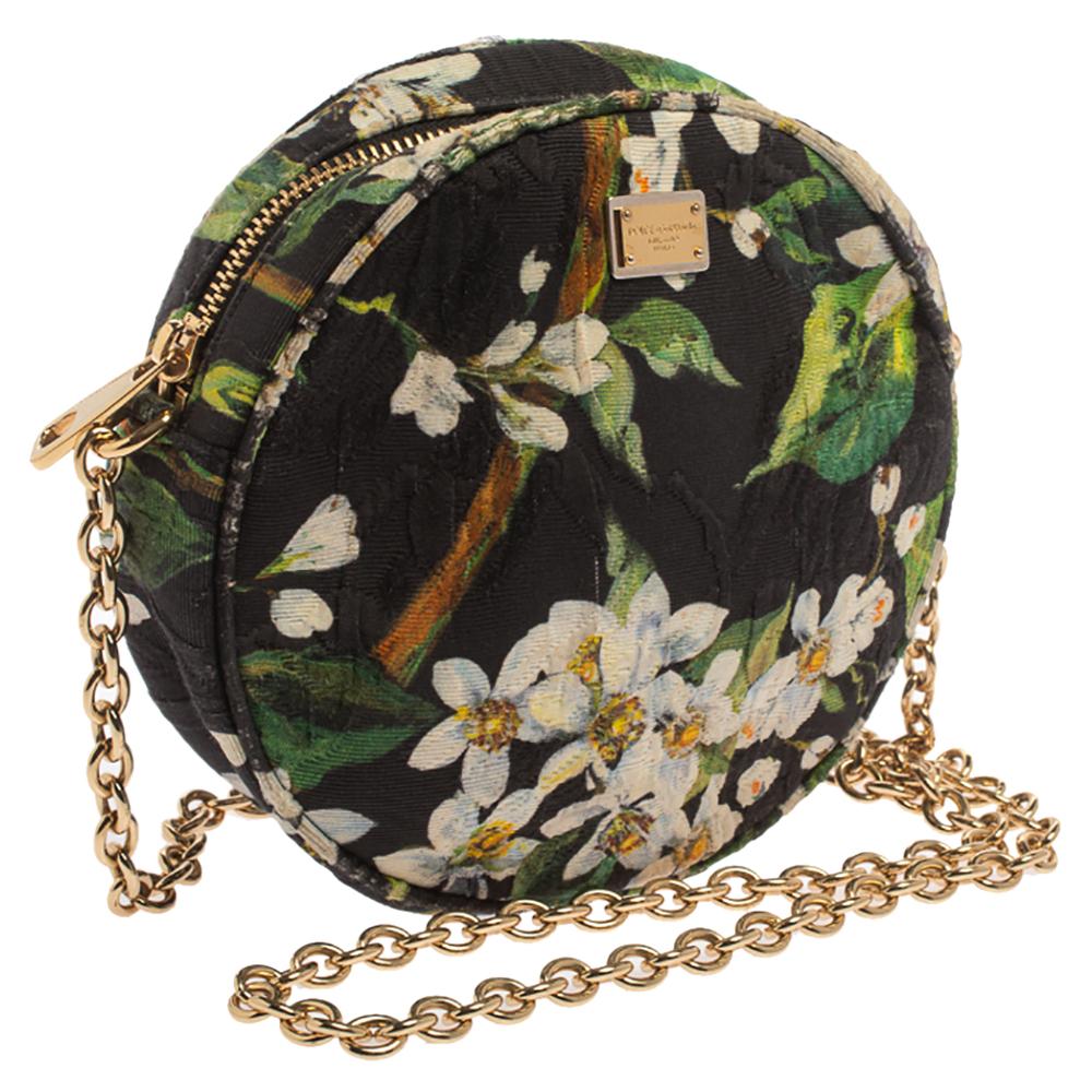Dolce & Gabbana Green Floral Print Fabric Miss Glam Round Shoulder Bag In Good Condition In Dubai, Al Qouz 2