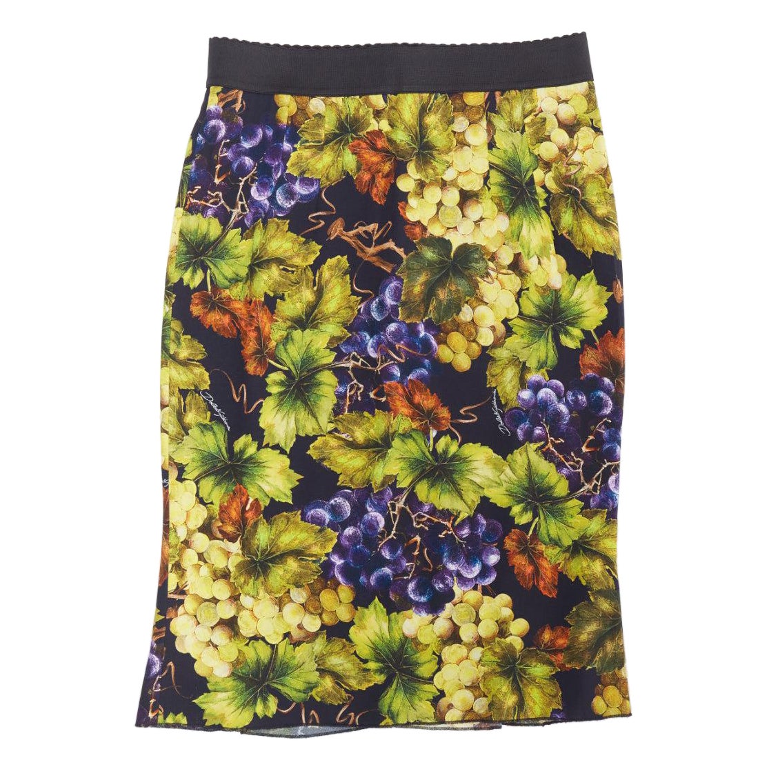 DOLCE GABBANA green floral purple grape print elastic waist pencil skirt IT48