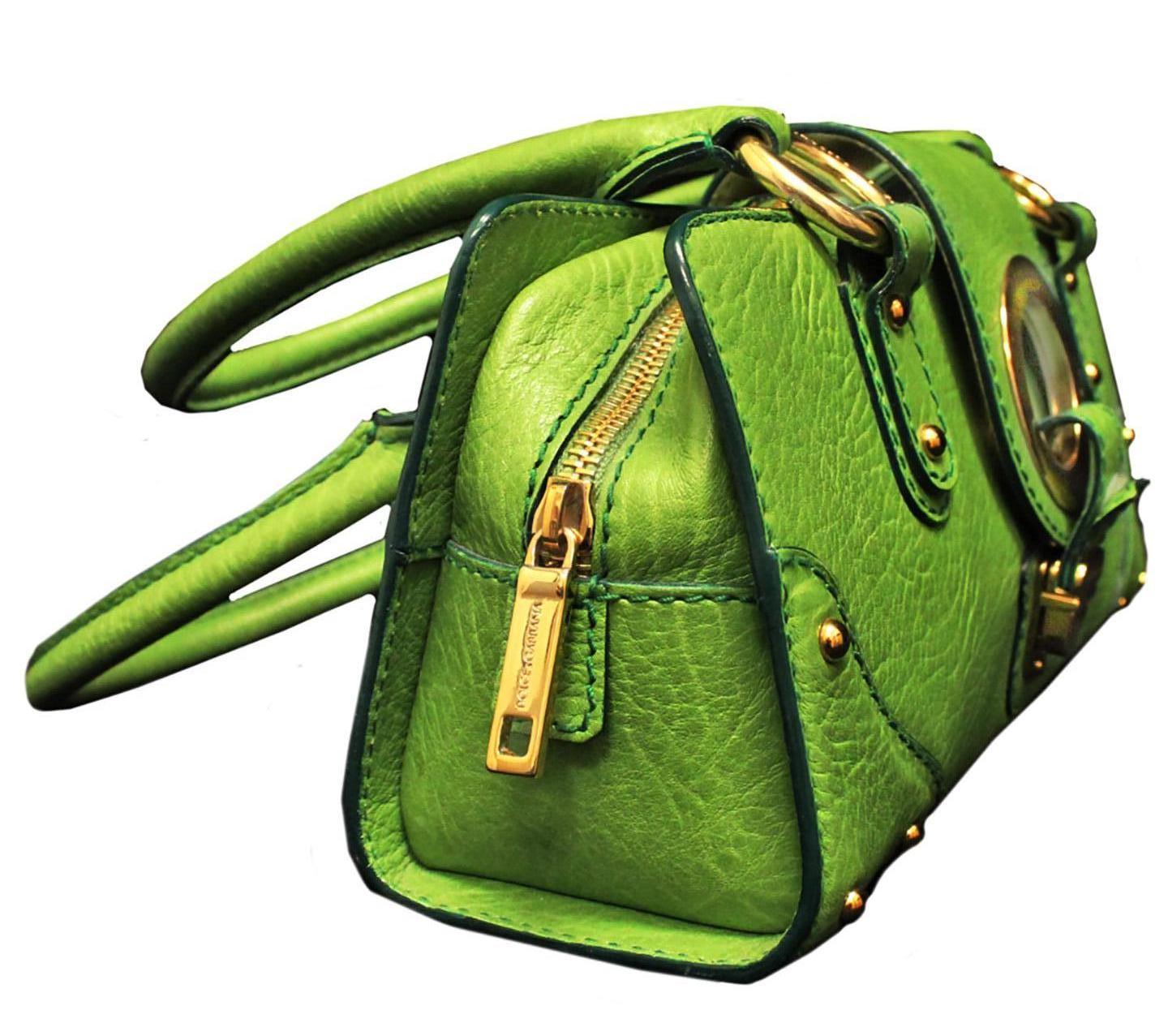 Women's Dolce & Gabbana Green Grain Leather Top Handle Bag W/ Gold Tone Hardware