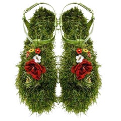 Dolce & Gabbana Grün Gras Floral Leder Zehensteg Sandalen Riemchen Flats Schuhe