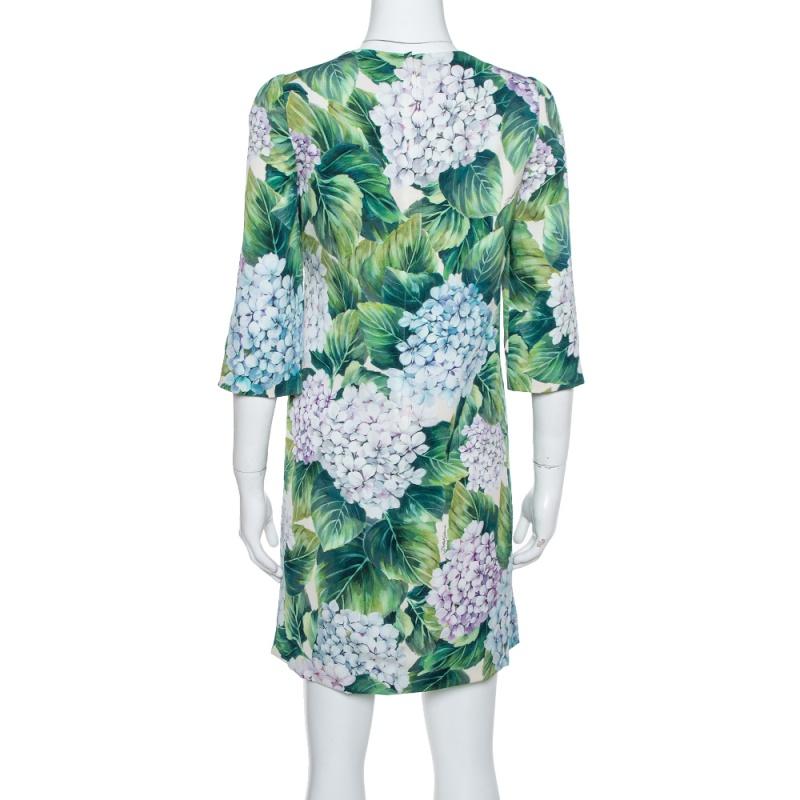 Dolce & Gabbana is famed for its beautiful floral prints, and the Hydrangea design truly raises the bar. It's showcased to romantic perfection on this green-hued silk dress, which is cut to a knee-length shape to let the bloom prints take center