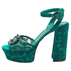 Dolce & Gabbana Green Lace and Satin Keira Embellished Platform Sandals Size 41