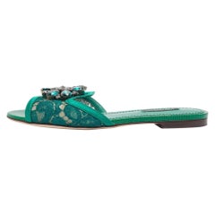 Dolce 
Gabbana Green Lace Crystal Embellished Flat Slides Size 36