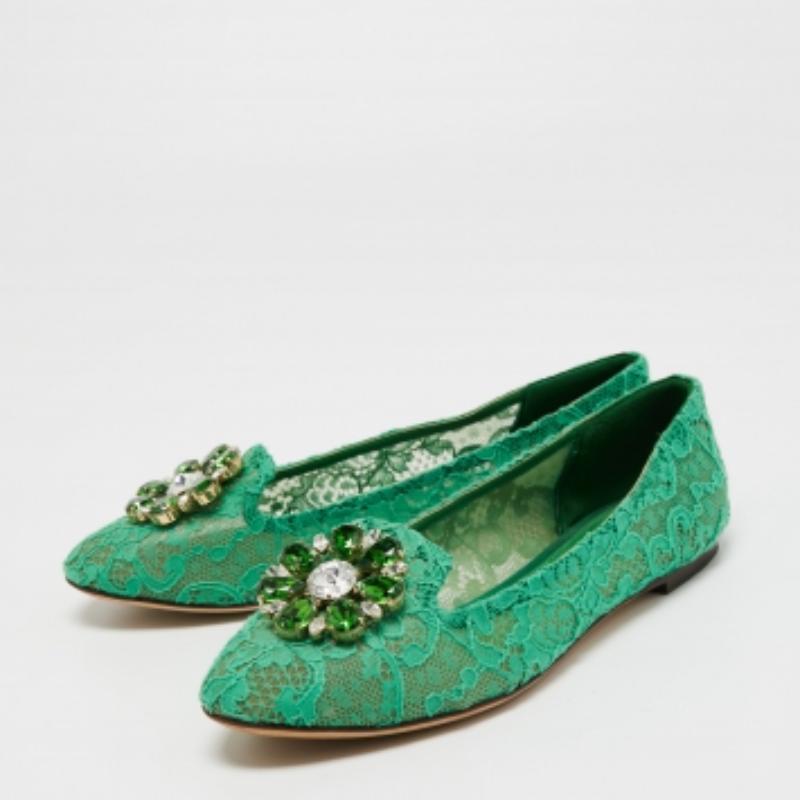 Dolce & Gabbana Grüne Taormina-Ballerinas aus Spitze mit Kristallverzierung in Taormina Größe 40 im Angebot 3