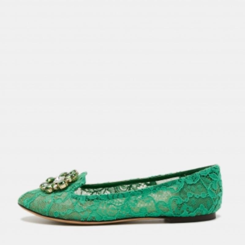 Dolce & Gabbana Grüne Taormina-Ballerinas aus Spitze mit Kristallverzierung in Taormina Größe 40