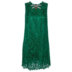 Dolce & Gabbana Green Lace Dragonfly Embellished Sleeveless Shift Dress S