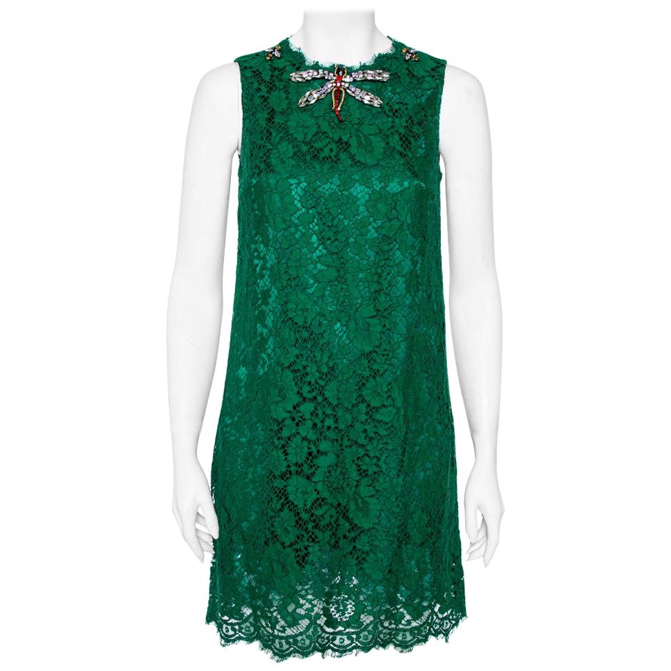 Dolce & Gabbana Green Lace Dragonfly Embellished Sleeveless Shift Dress S