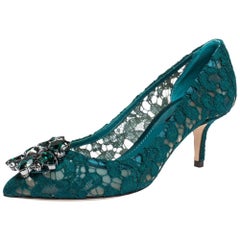 Dolce & Gabbana Green Lace Jeweled Embellishment Pointed Toe Pumps Size 38.5