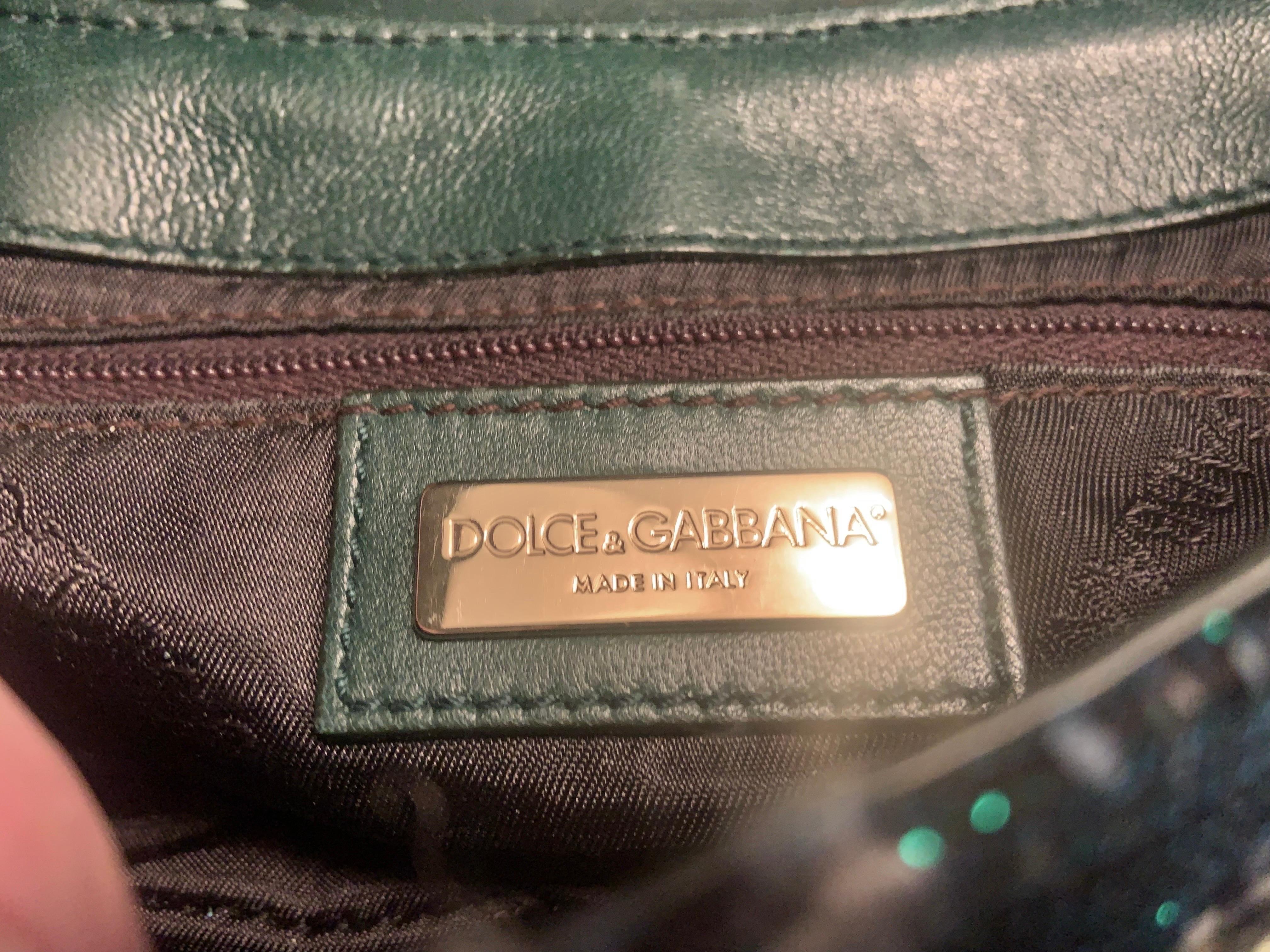 Dolce & Gabbana Green Leather and Tweed Bag with Oversized Jewel Clasp For Sale 6