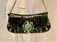 Dolce & Gabbana Green Leather and Tweed Bag with Oversized Jewel Clasp