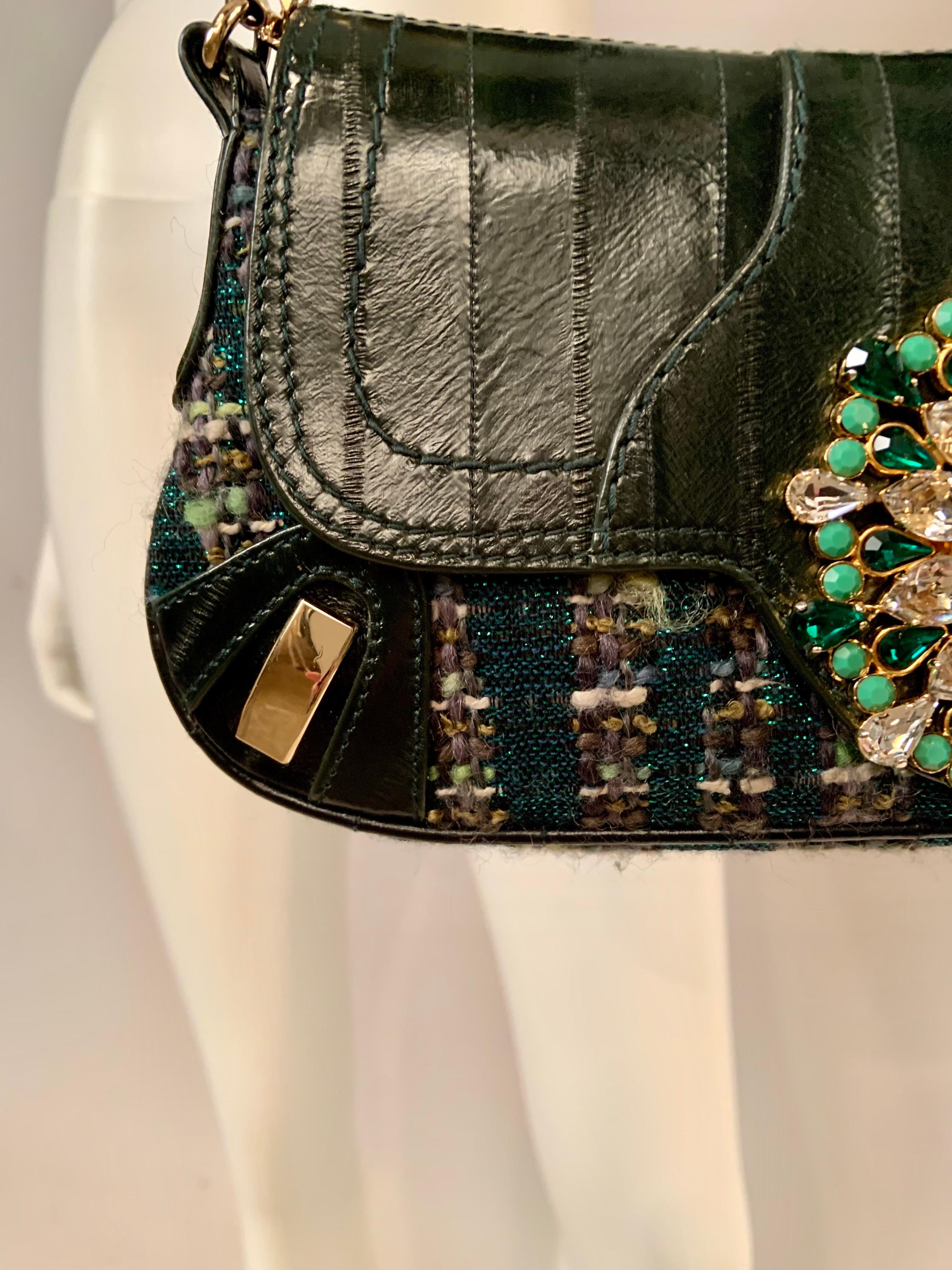 Dolce & Gabbana Green Leather and Tweed Bag with Oversized Jewel Clasp In Excellent Condition For Sale In New Hope, PA