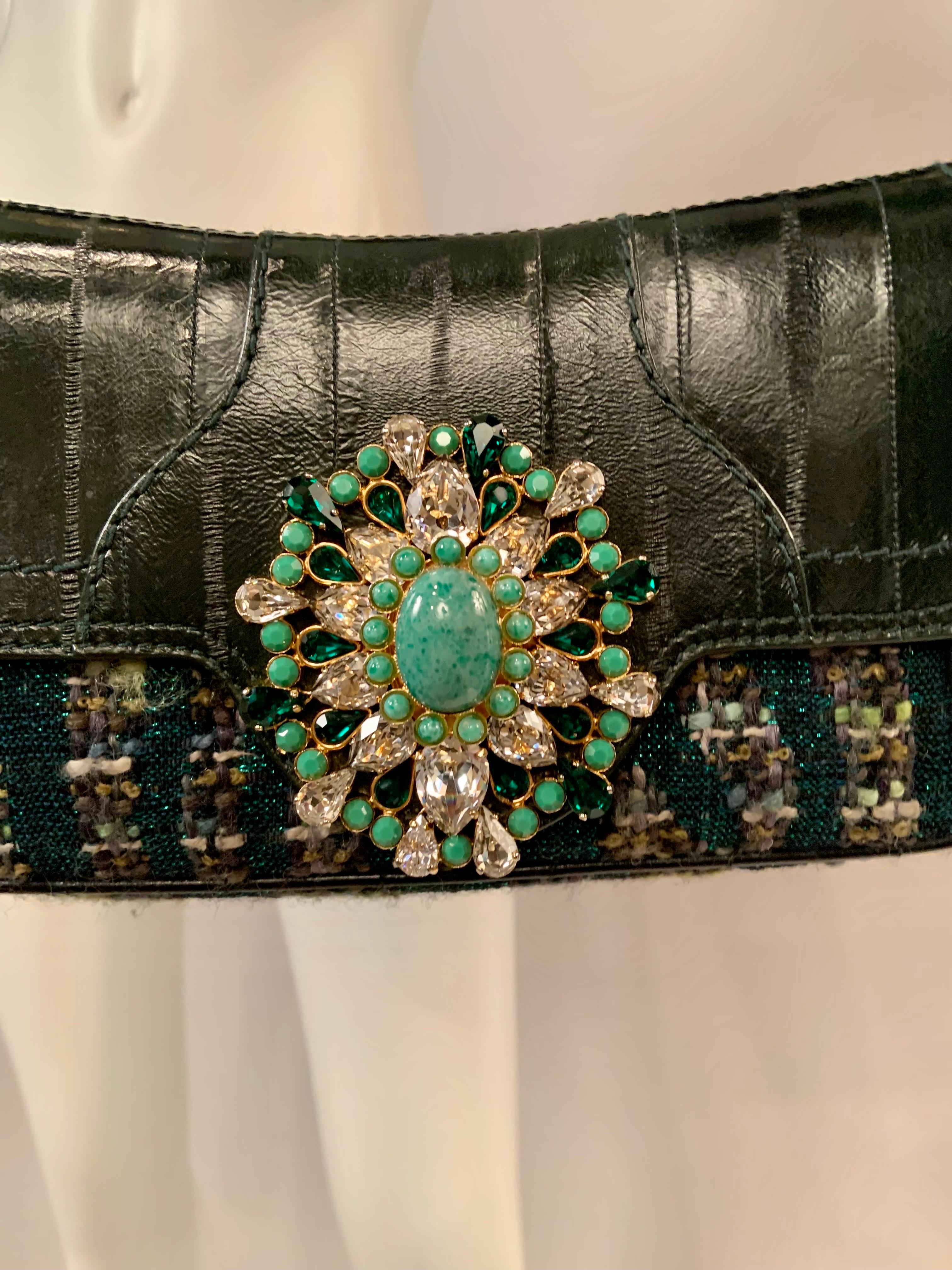 Women's Dolce & Gabbana Green Leather and Tweed Bag with Oversized Jewel Clasp For Sale