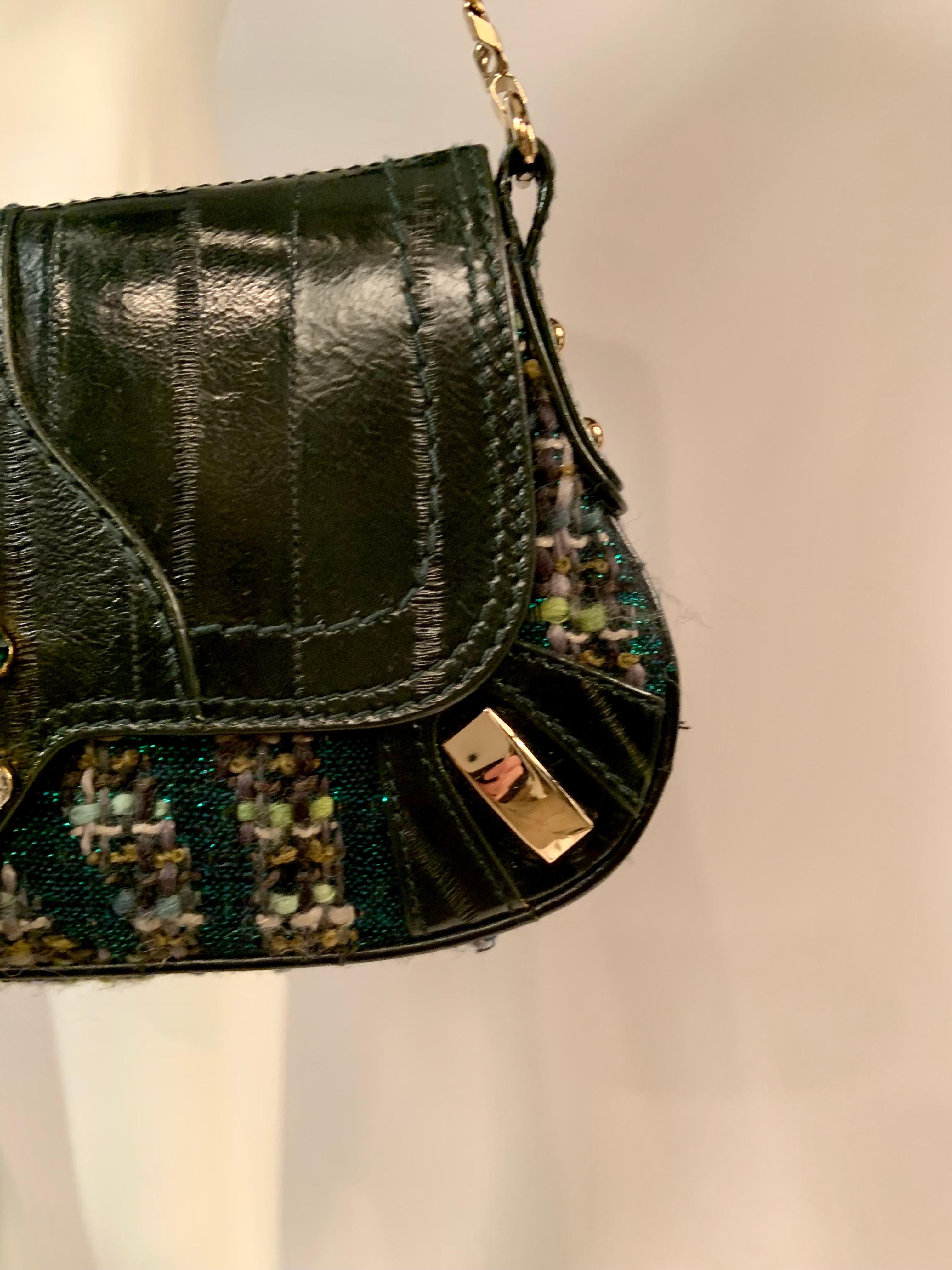 Dolce & Gabbana Green Leather and Tweed Bag with Oversized Jewel Clasp For Sale 1