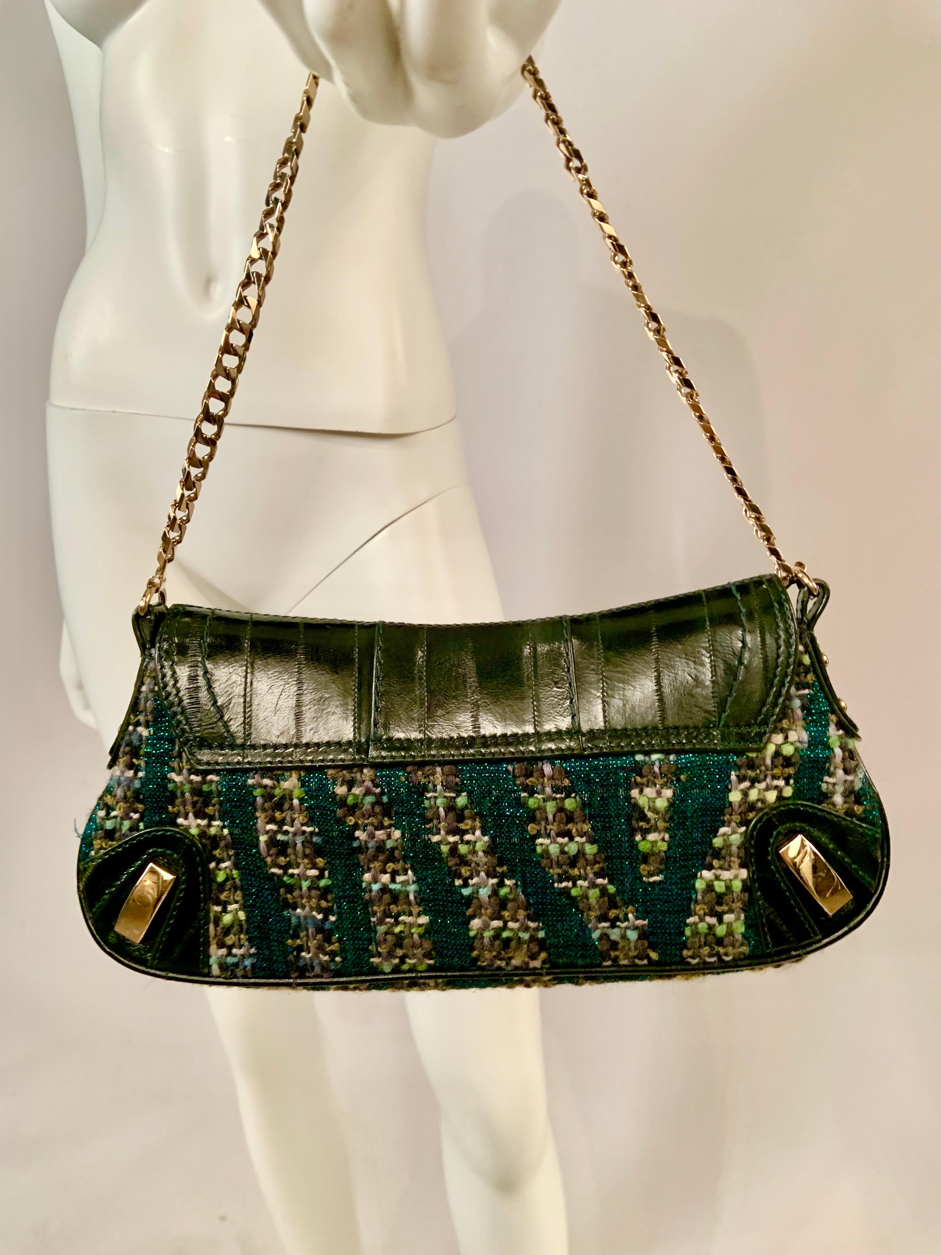 Dolce & Gabbana Green Leather and Tweed Bag with Oversized Jewel Clasp For Sale 2