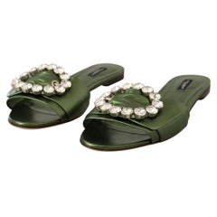 Dolce & Gabbana Green leather jeweled embellished flat slides sandals shoes