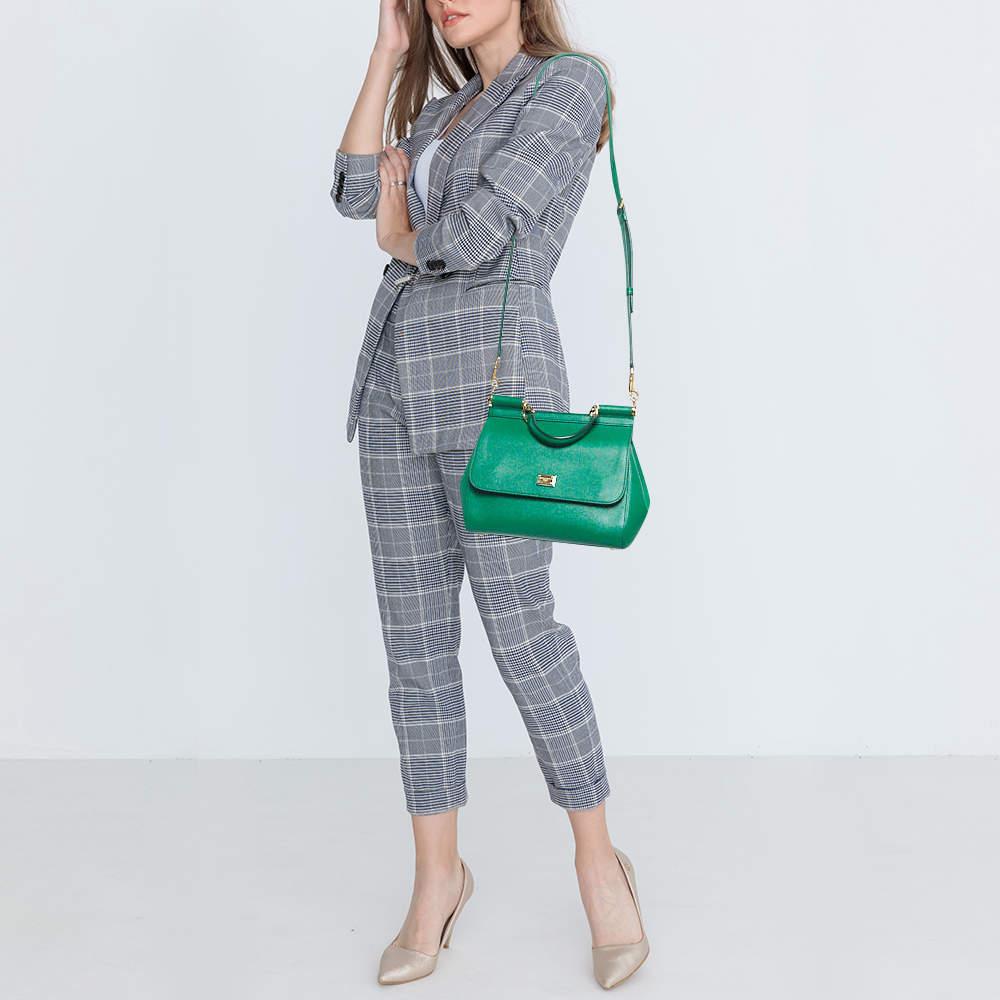 Dolce & Gabbana Green Leather Medium Miss Sicily Top Handle Bag In Good Condition In Dubai, Al Qouz 2