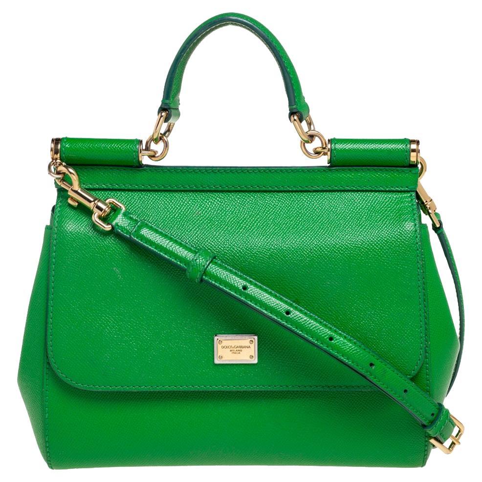 Dolce and Gabbana Green Leather Medium Miss Sicily Top Handle Bag at ...