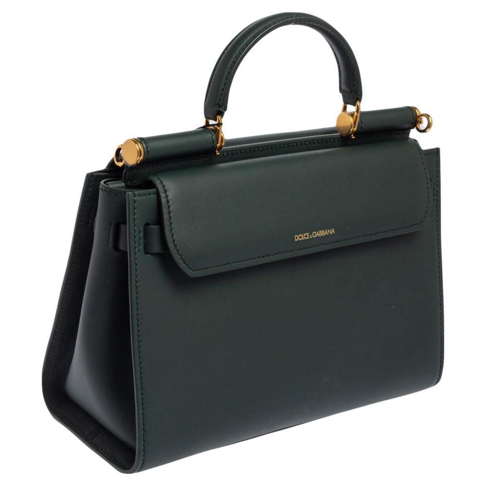Dolce & Gabbana Green Leather Medium Sicily 62 Top Handle Bag In New Condition In Dubai, Al Qouz 2