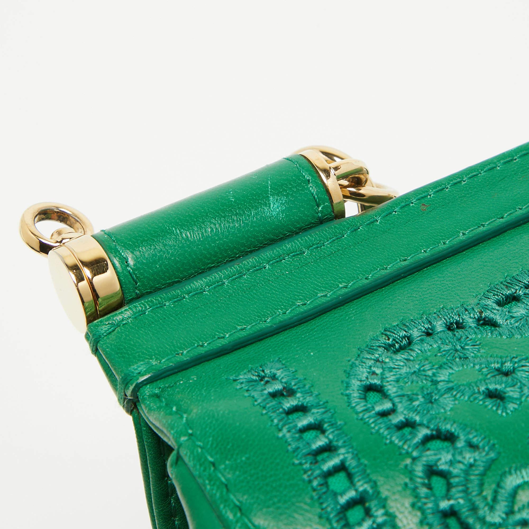 Dolce & Gabbana Green Leather Small Embroidered Miss Sicily Top Handle Bag 8