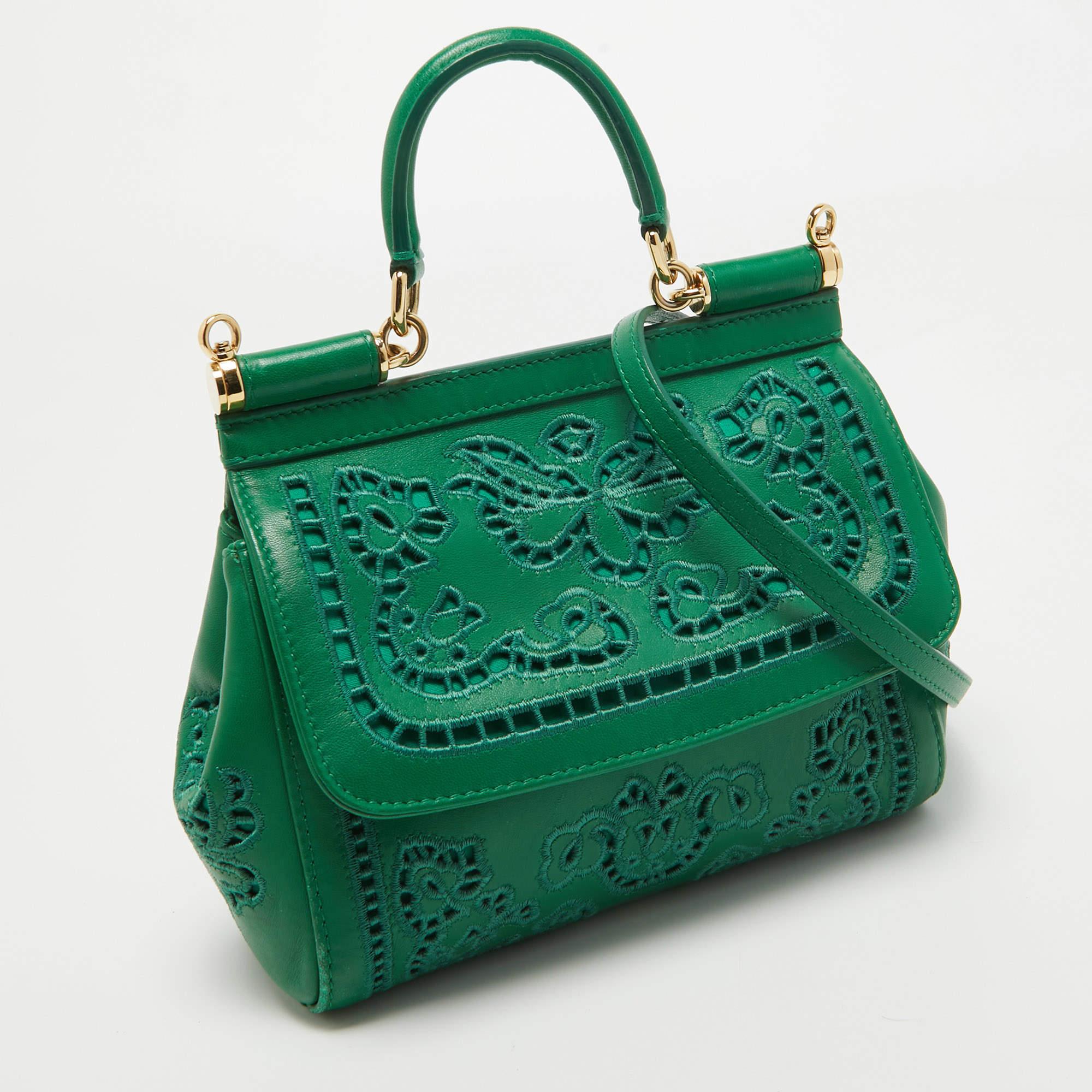 Dolce & Gabbana Green Leather Small Embroidered Miss Sicily Top Handle Bag 14