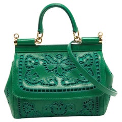 Dolce & Gabbana Green Leather Small Embroidered Miss Sicily Top Handle Bag