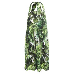 Dolce & Gabbana Green Leaves Print Cotton Halter Neck Gathered Short Dress XL