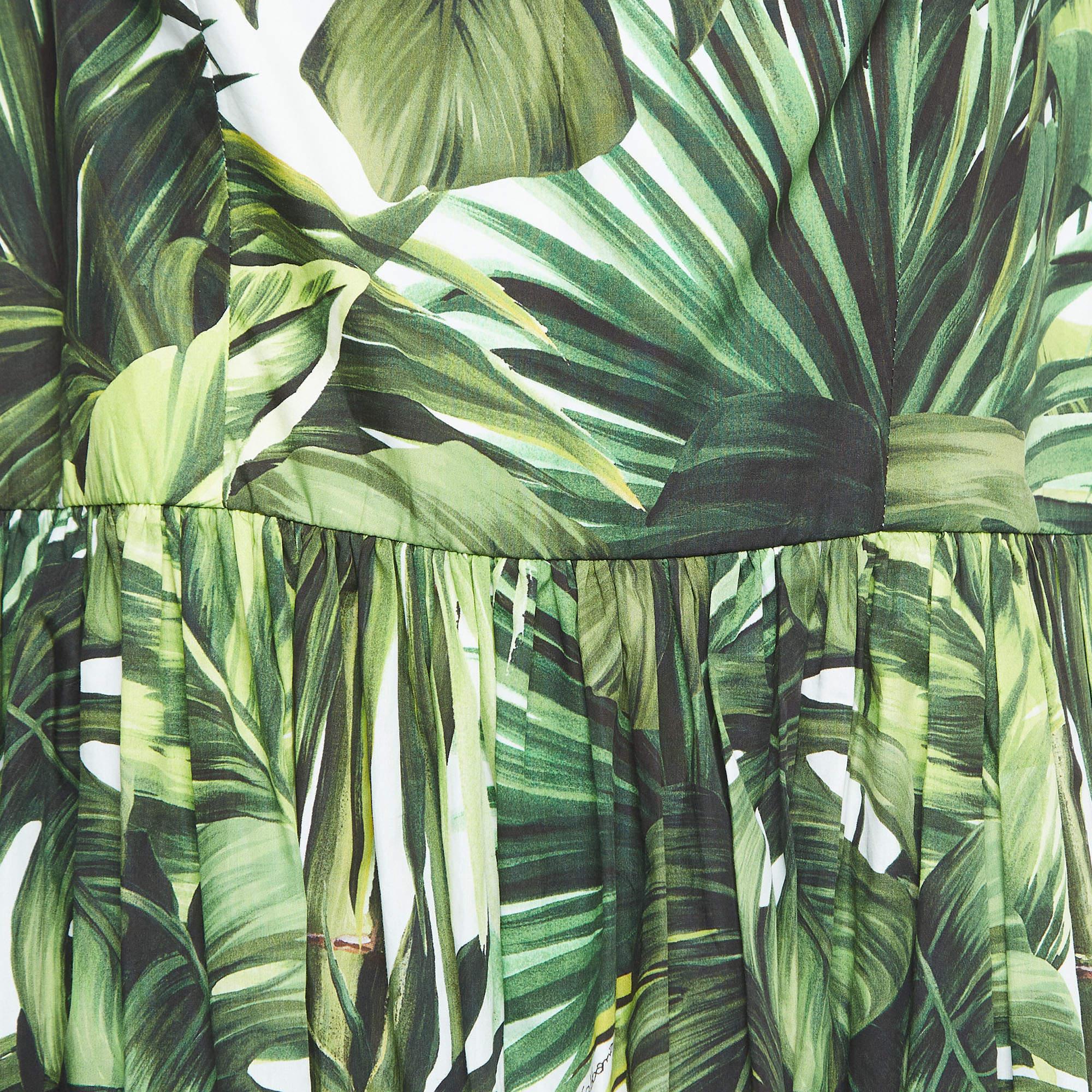 Gray Dolce & Gabbana Green Leaves Print Cotton Halter Neck Short Dress 3XL