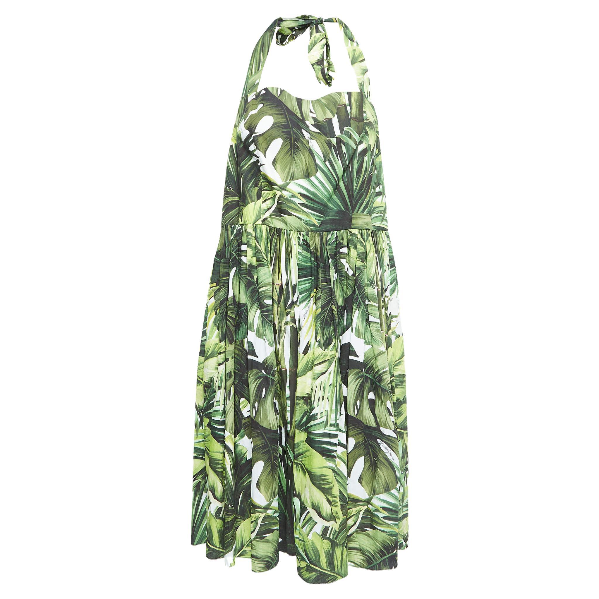 Dolce & Gabbana Green Leaves Print Cotton Halter Neck Short Dress 3XL