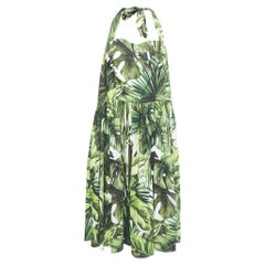 Dolce & Gabbana Kurzes Kleid mit Trägerausschnitt aus Baumwolle mit grünem Blätterndruck 3XL