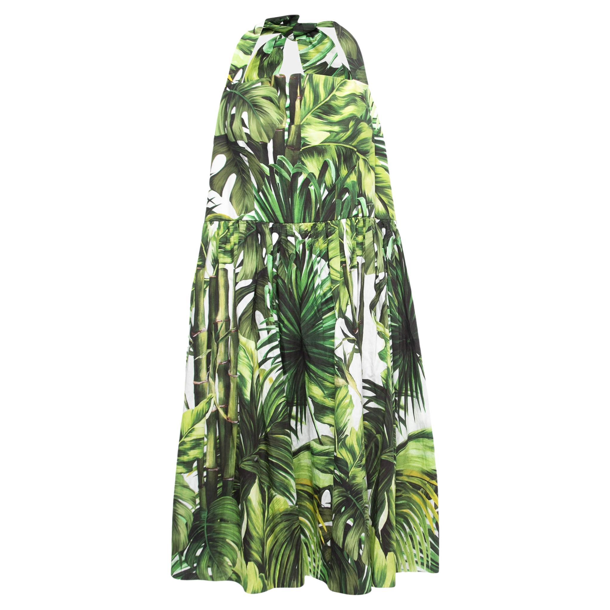 Dolce & Gabbana Green Leaves Print Cotton Halter Neck Short Dress XXL