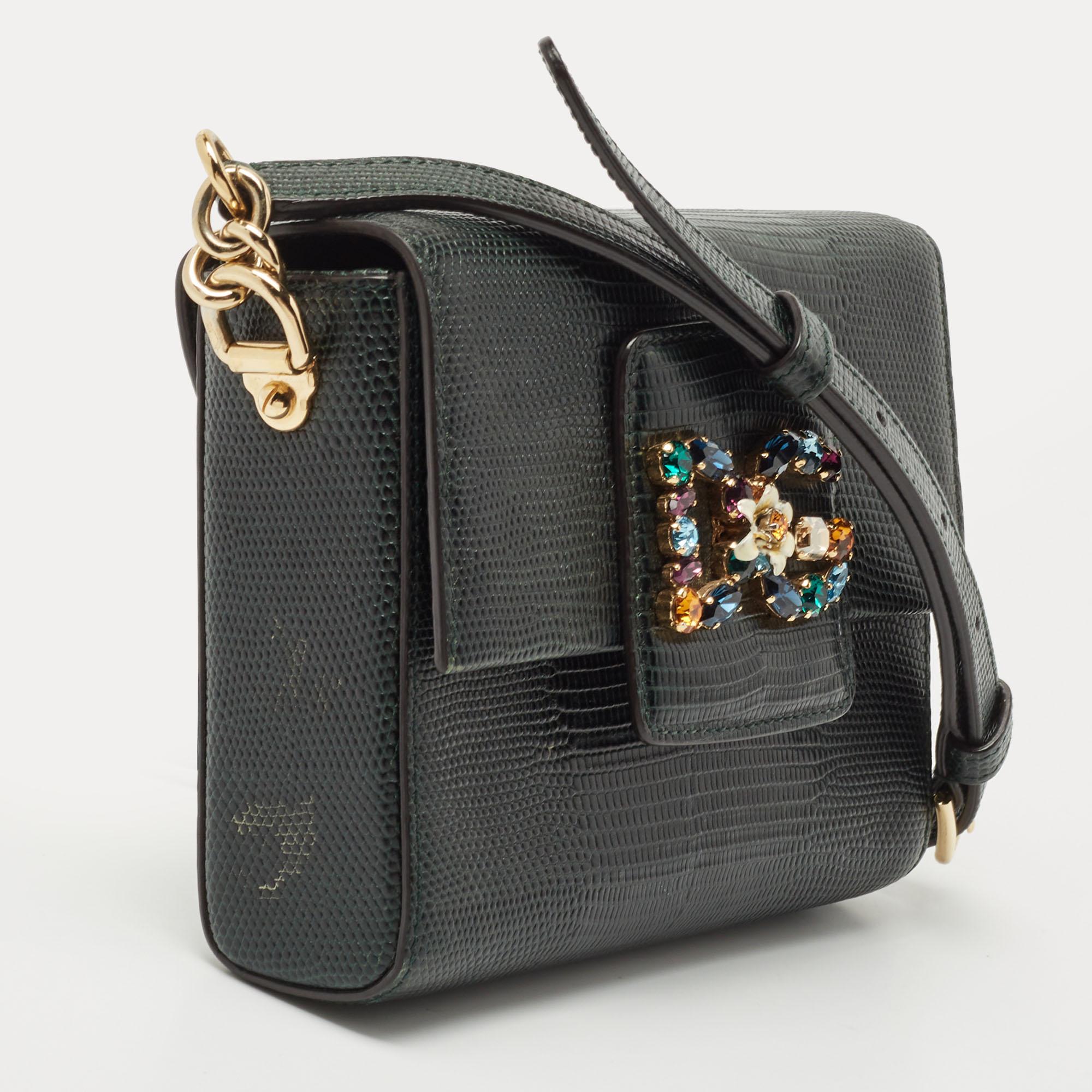 Dolce & Gabbana - Sac à bandoulière DG Millennials en cuir gaufré lézard vert 2