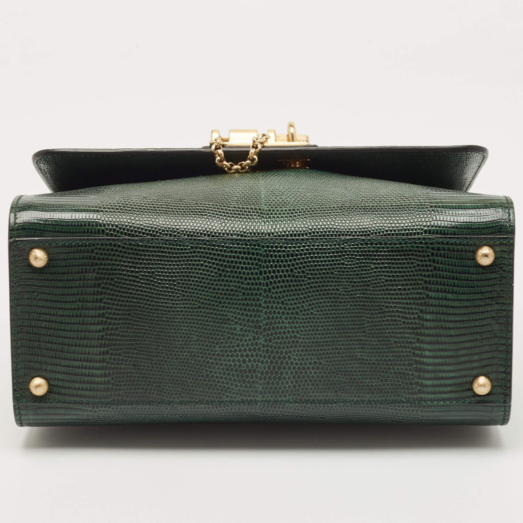 Dolce & Gabbana Green Lizard Embossed Leather Medium Miss Monica Top Handle Bag In Excellent Condition In Dubai, Al Qouz 2