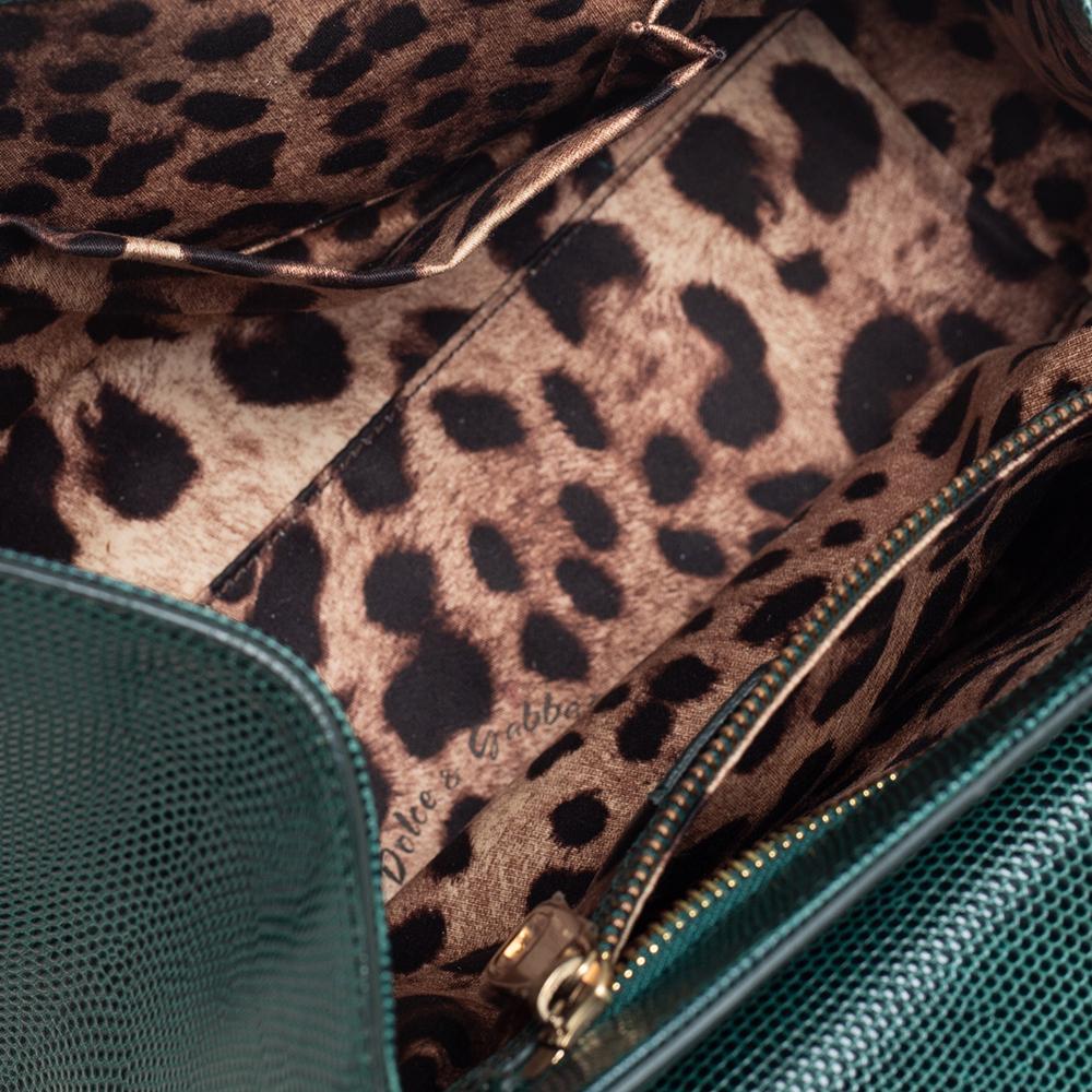Dolce & Gabbana Green Lizard Embossed Leather Medium Miss Monica Top Handle Bag In Good Condition In Dubai, Al Qouz 2