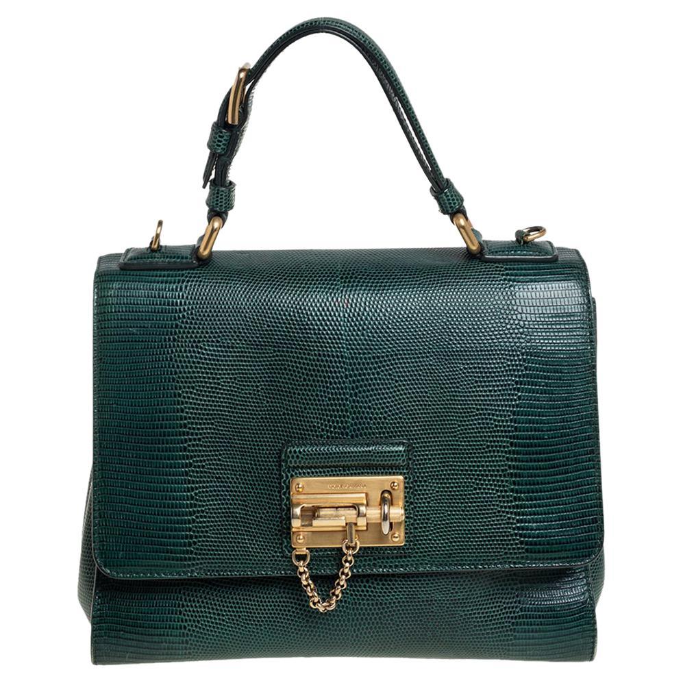 Dolce & Gabbana Green Lizard Embossed Leather Medium Miss Monica Top Handle Bag