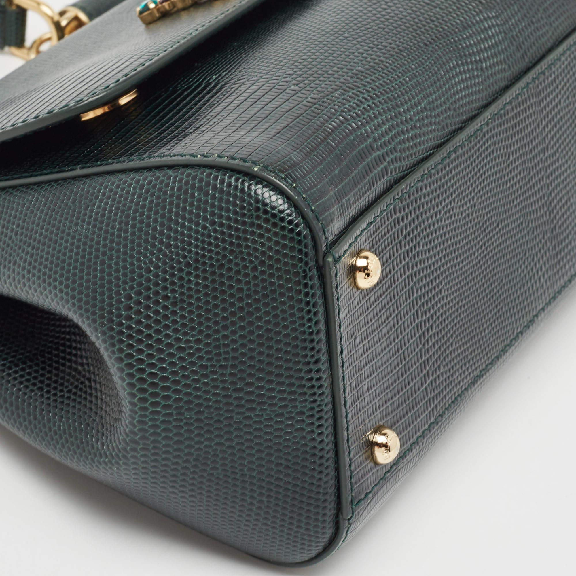 Dolce & Gabbana Green Lizard Embossed Leather Medium Miss Sicily Handle Bag 6