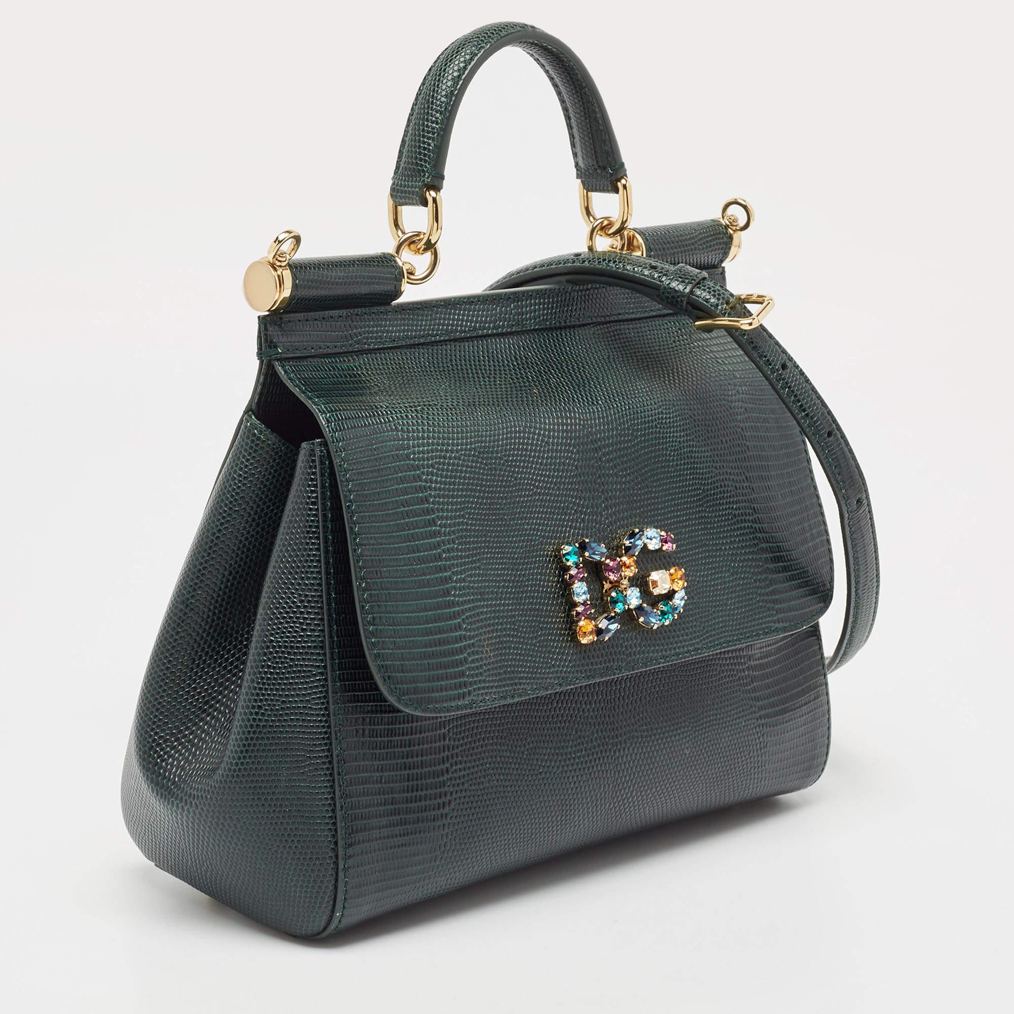 Dolce & Gabbana Green Lizard Embossed Leather Medium Miss Sicily Handle Bag 7