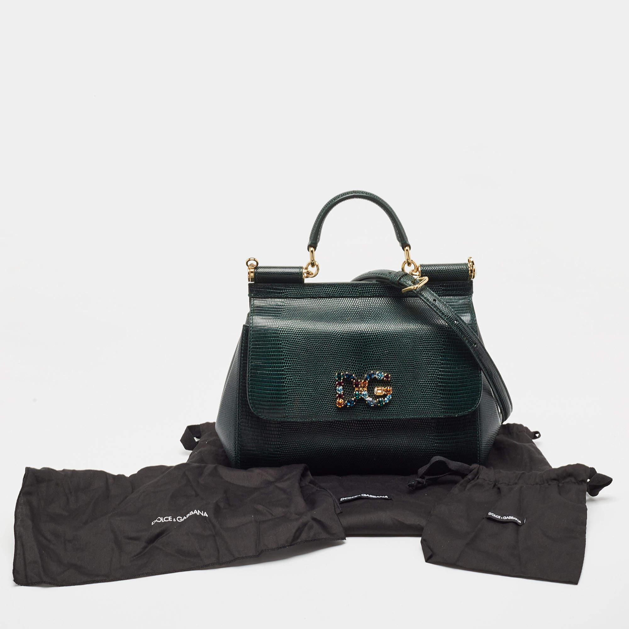 Dolce & Gabbana Green Lizard Embossed Leather Medium Miss Sicily Handle Bag 9