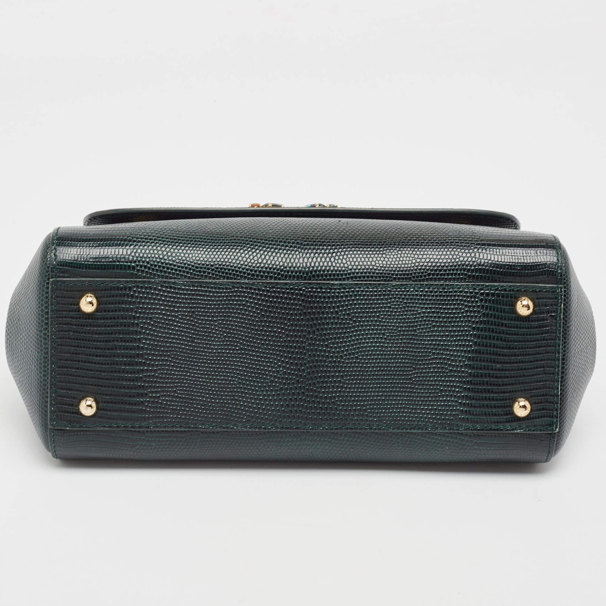 Dolce & Gabbana Green Lizard Embossed Leather Medium Miss Sicily Handle Bag 3