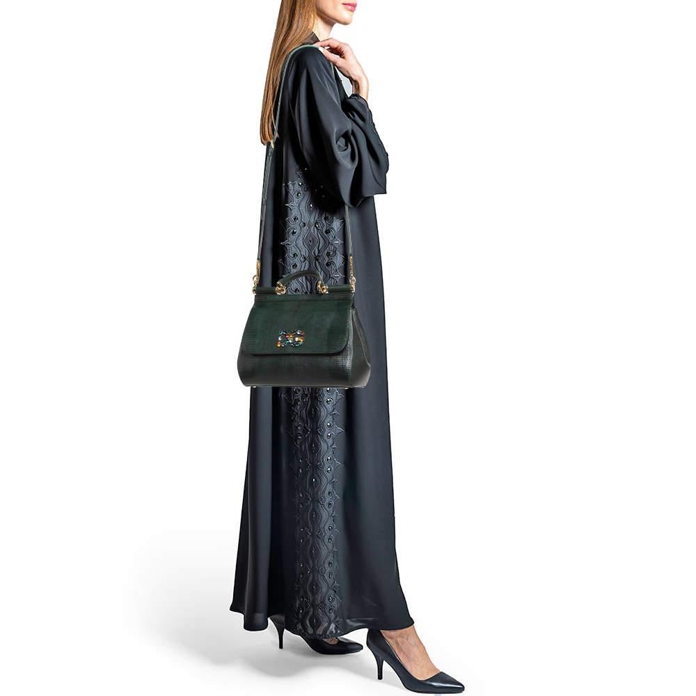 Dolce & Gabbana Green Lizard Embossed Leather Medium Miss Sicily Handle Bag 5