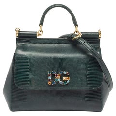 Dolce & Gabbana Green Lizard Embossed Leather Medium Miss Sicily Handle Bag