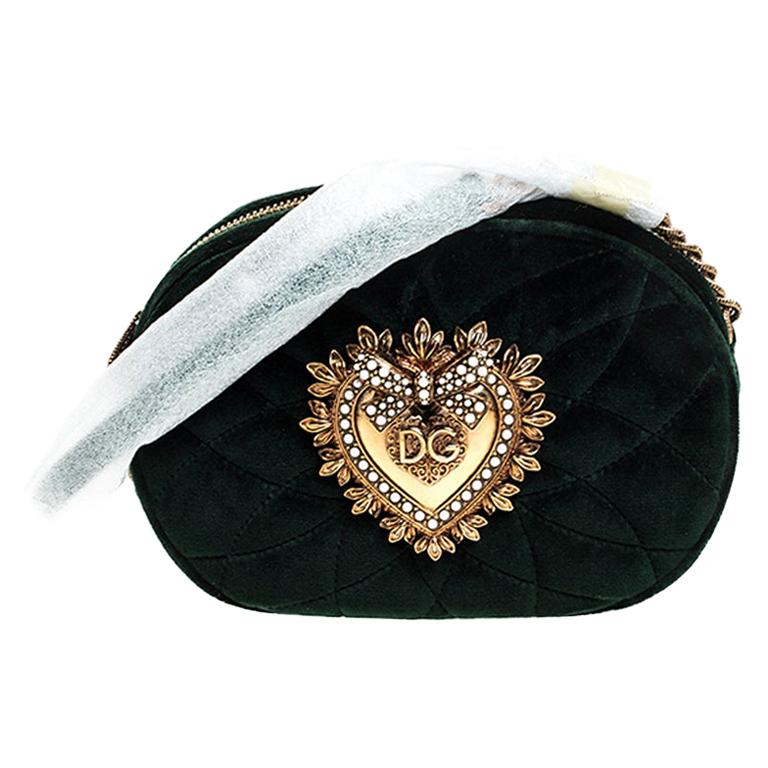 Dolce 
Gabbana Green Matelasse Velvet Devotion Camera Crossbody Bag