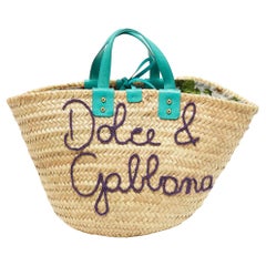 Dolce & Gabbana Green/Natural Raffia and Lizard Embossed Leather Kendra Tote
